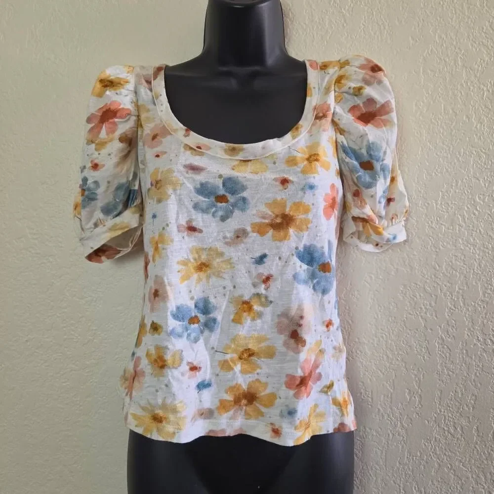 Anthropologie Floral Puff Sleeve Top